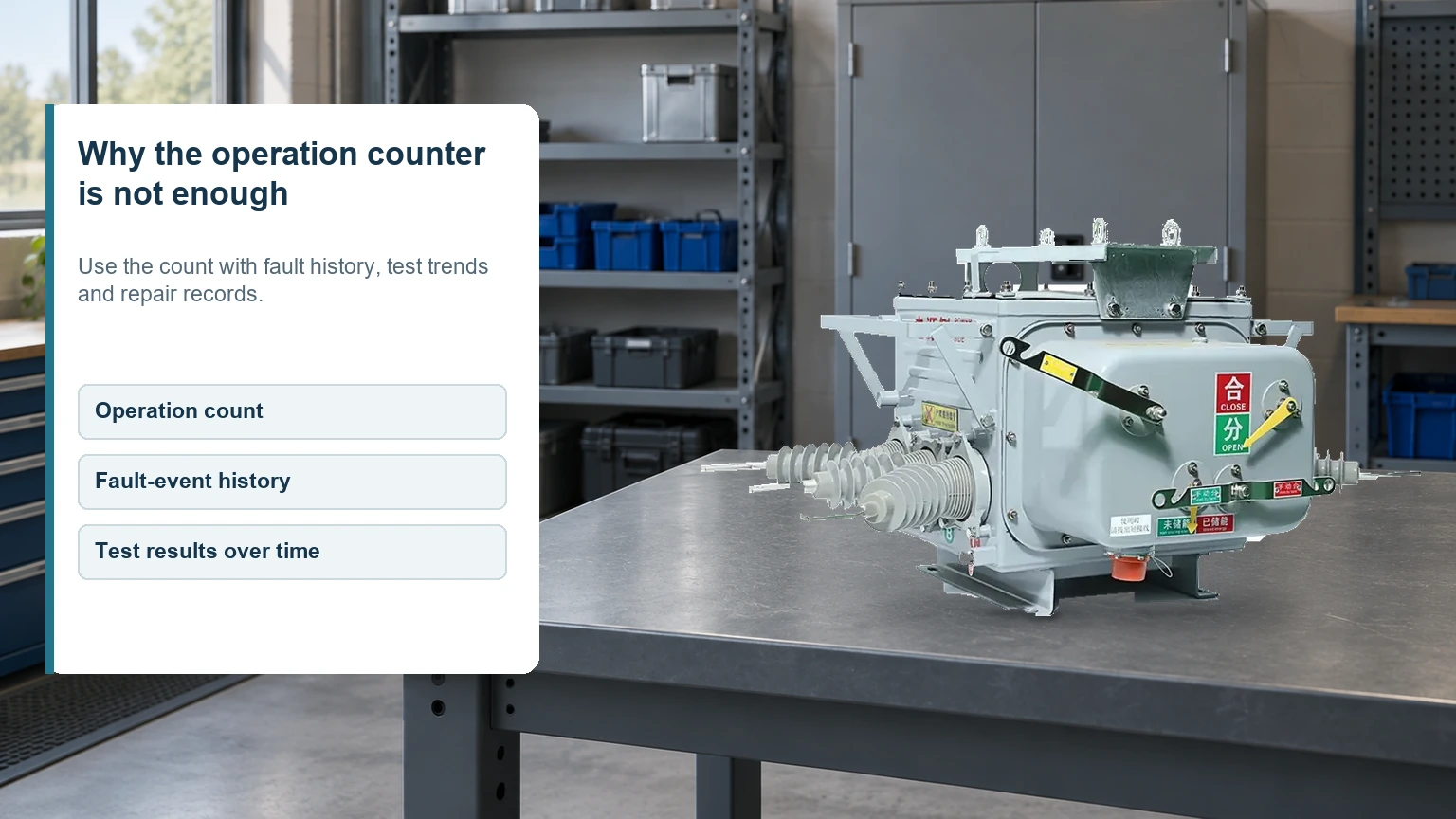 Fuerte vacuum circuit breaker in a maintenance workshop scene with labels for operation count, fault history and test trends
