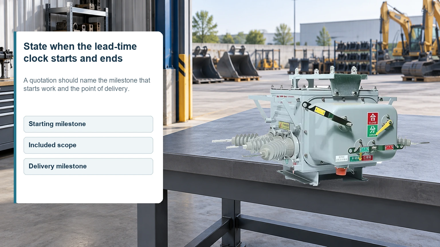 Fuerte vacuum circuit breaker in an industrial project scene with labels for starting milestone, included scope and delivery milestone