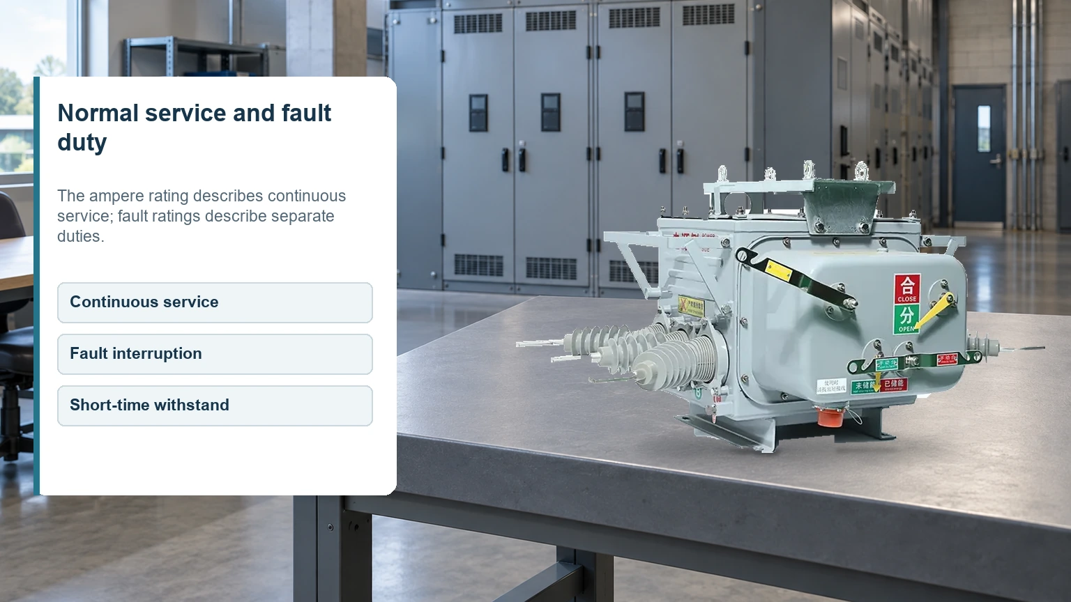 Fuerte vacuum circuit breaker in an engineering review scene with labels for continuous service, fault interruption and short-time withstand