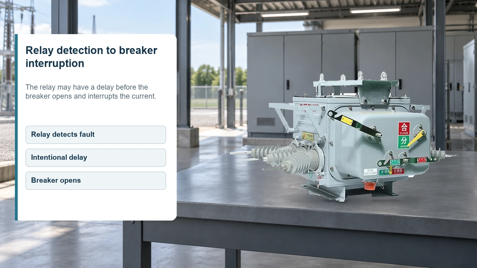 Fuerte vacuum circuit breaker in a substation service scene with labels for relay detection, delay and breaker interruption