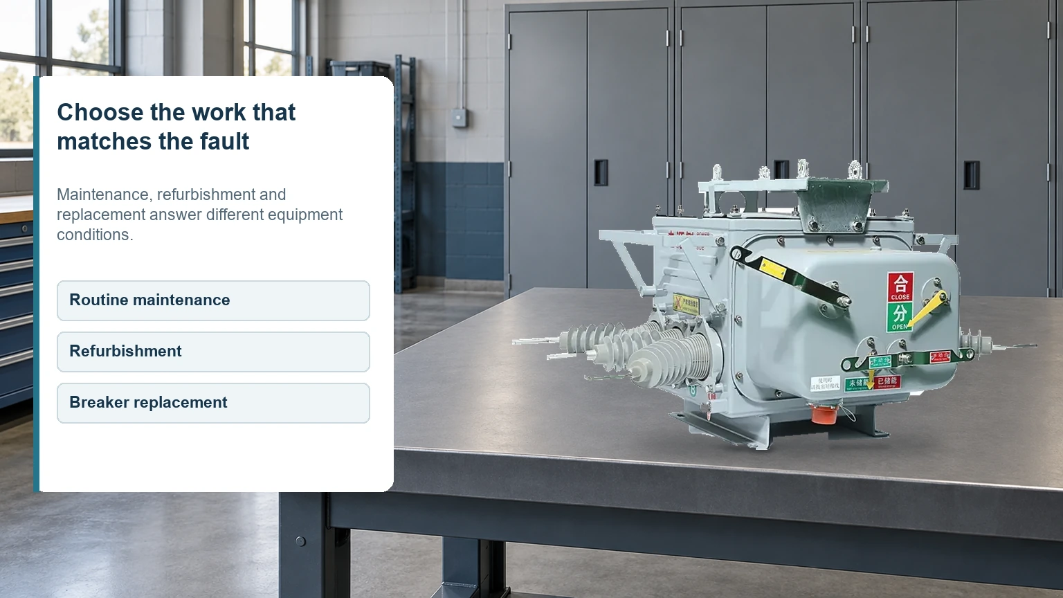 Fuerte vacuum circuit breaker in a service bay scene with labels for maintenance, refurbishment and replacement