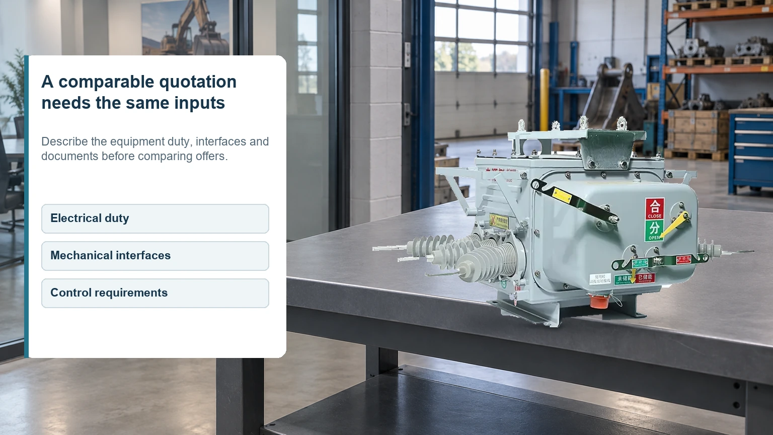 Fuerte vacuum circuit breaker in an engineering office scene with labels for electrical duty, mechanical interfaces and control requirements